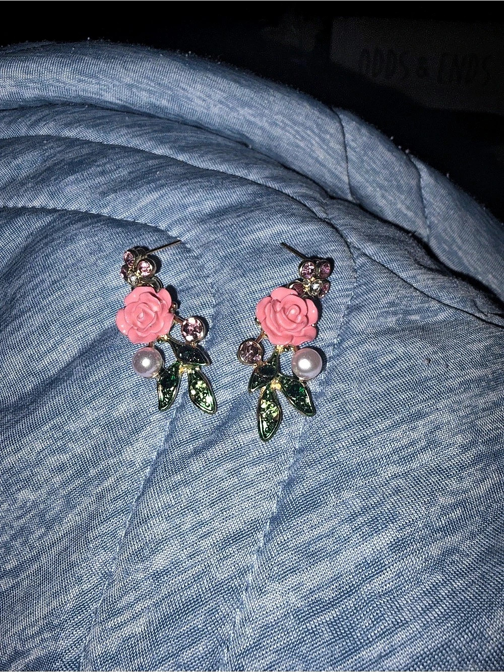Floral Rose Drop Earrings in Pink & Green Like New